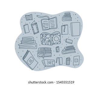 Book set in doodle style. Abstract composition with symbols of reading. Book club concept. Vector illustration.