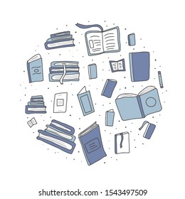 Book set in doodle style. Circle composition with symbols of reading. Education concept. Vector illustration.