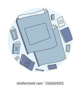 Book set in doodle style. Circle composition with symbols of reading. Book club concept. Vector illustration.