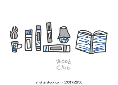 Book set in doodle style. Book club concept. Symbols of reading on white background. Vector illustration.