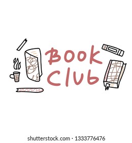 Book set in doodle style. Book club concept. Symbols of reading on white background. Vector illustration.
