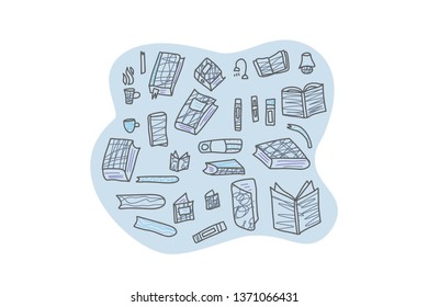 Book set in doodle style. Book club concept. Symbols of reading on white background. Vector illustration.