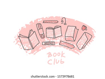 Book set in doodle style. Book club concept. Symbols of reading on white background. Vector illustration.
