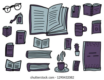 Book set in doodle style. Collection of reading symbols isolated on white background. Vector illustration.