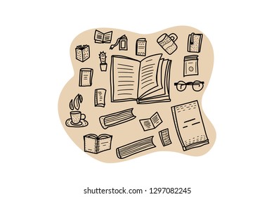 Book set in doodle style. Collection of reading symbols. Vector illustration.