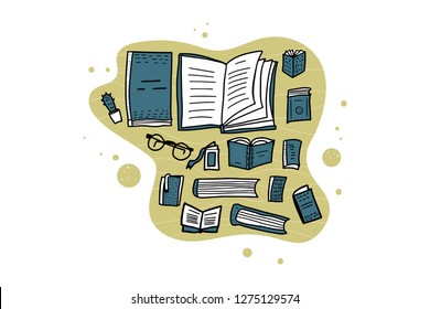 Book set in doodle style. Library concept. Vector illustration.