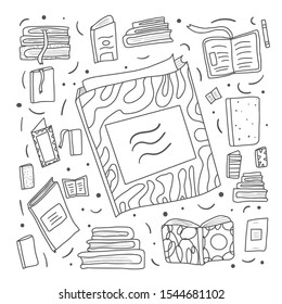 Book set in doodle style.  Square composition with symbols of reading. Book club concept. Vector illustration.