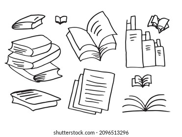 Juego de libros en estilo doodle adecuado para contenido educativo sobre fondo blanco.