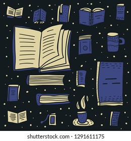 Book set in doodle style. Symbols of reading on dark background. Vector illustration.
