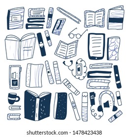 Book set in doodle style. Symbols of reading isolated on white background. Vector illustration.