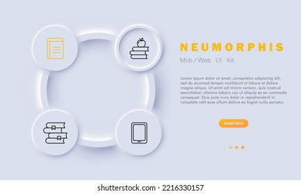 Icono de juego de libros. Ebook, bookmark, note, check box, mark, tick, pick, website, online, internet, literatura. Concepto Bk. Estilo neomorfista. Icono de línea de vector para negocios y publicidad
