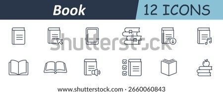 Book set icon. Linear icons display closed, open, stacked books, tablet, audio, checklist, music, apple, bookmarks, digital formats, reading interface, and pages
