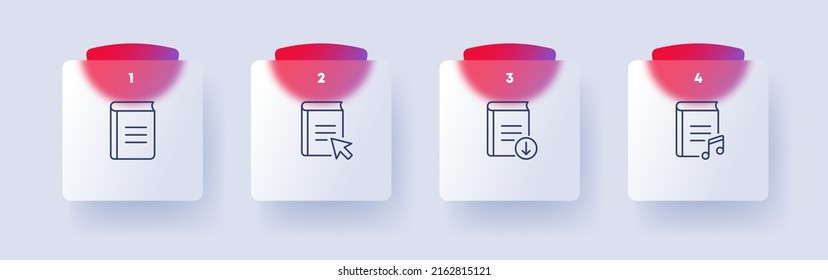 Book set icon. Online library, audiobook, textbook, knowledge, list, ebook, click, download, learning. Education concept. Glassmorphism style. Vector line icon for Business and Advertising