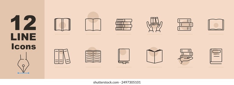 Icono de conjunto de libros. Libro abierto, libros apilados, manos de lectura, colección, solo libro, estantes de Biblioteca, Vertical, material de lectura, marcador, novela, sostenimiento