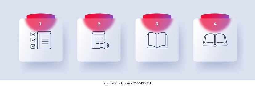 Book set icon. Reading list, audiobook, textbook, learning, writer, open book, bookmark, ebook. Education concept. Glassmorphism style. Vector line icon for Business and Advertising