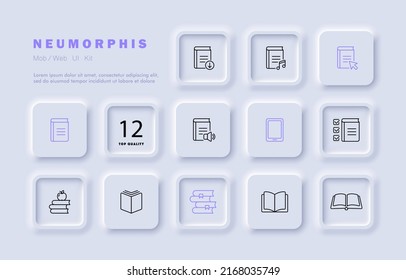 Book set icon. Reading list, audiobook, textbook, learning, knowledge, lore, writer, open book, bookmark, ebook. Education concept. Neomorphism style. Vector line icon for Business and Advertising