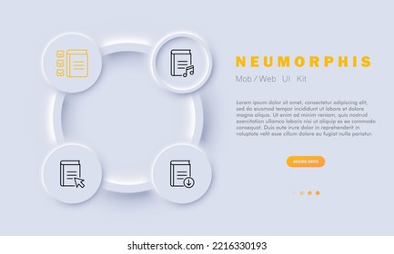 Book set icon. Reading list, audiobook, textbook, learning, writer, open book, bookmark, checkmark, ebook. Education concept. Neomorphism style. Vector line icon for Business and Advertising