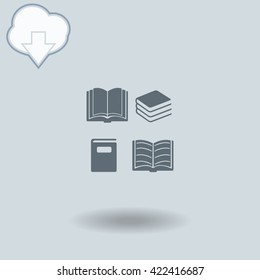 Book set icon with shadow. Cloud of download with arrow.