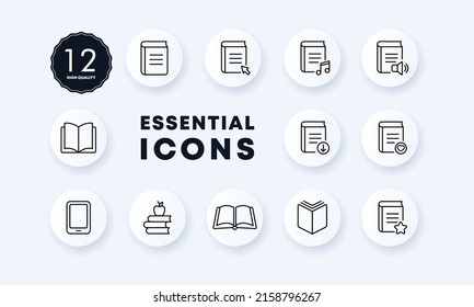 Icono de juego de libros. Conjunto de iconos simples de libros diferentes. Biblioteca, biblioteca en línea, audiolibro, descarga, lectura, libro de texto, educación, ebook. Estilo neomorfista. Icono de línea de vector para negocios y publicidad