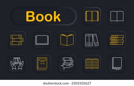 Book set icon. Stack, open, closed, pages, hands, reading, literature, library, learning, education, cover, textbook, knowledge, study, publishing, storage.