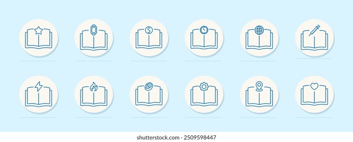 Ícone de conjunto de livros. Estrela, cápsula, dólar, relógio, globo, seringa, relâmpago, fogo, engrenagem, mapa, coração, leitura, conhecimento, educação, literatura, aprendizagem, referência, estudo