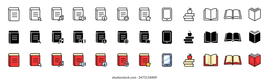 Book set icons. Reading icons. Linear, silhouette and flat styles. Vector icons.