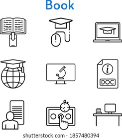 book set. included study, ebook, student-laptop, desktop, test, school, elearning, doc, microscope icons. linear styles.