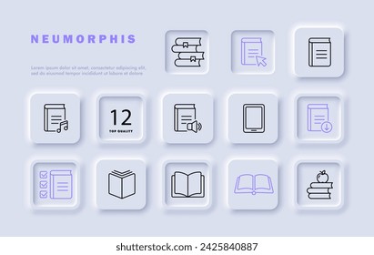 Book set line icon. Education, university, school, checkmark, smartphone, music, apple. Neomorphism style. Vector line icon for business and advertising