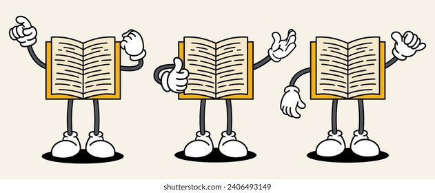 Book set mascot of 70s groovy. Collection of cartoon,retro, groovy characters. Vector illustration.