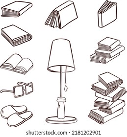 Juego de libros para lectura, libros de texto, lámpara, vectores de línea de lentes de lentes
