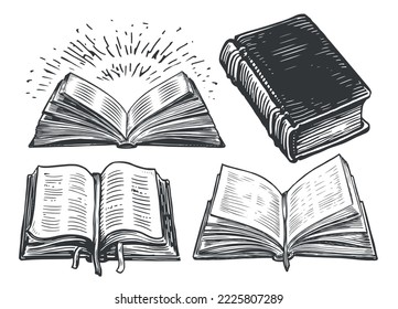 Book set sketch. Old open notebook with ribbon bookmark. School education, literature concept. Vector illustration