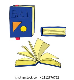 book set vector illustration colorful on white background. Opened book, closed book. 