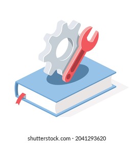 Book setting instruction wrench gear. Vector 3d symbol, isometric, color web icons, new flat style. Creative design idea, concept for infographics.