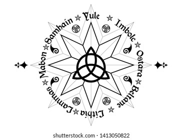 Book Of Shadows Wheel Of The Year Modern Paganism Wicca. Wiccan calendar and holidays. Compass with in the middle Triquetra symbol from charmed celtic. Vector isolated on white background 