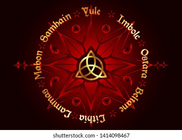 Book Of Shadows Wheel Of The Year Modern Paganism Wicca. Wiccan calendar and holidays. Red golden Compass with in the middle Triquetra symbol from charmed celtic. Vector isolated on black background