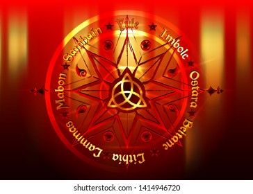 Book Of Shadows Wheel Of The Year Modern Paganism Wicca. Wiccan calendar and holidays. Red golden Compass with in the middle Triquetra symbol from charmed celtic. Vector isolated on gold background