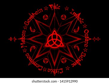 Book Of Shadows Wheel Of The Year Modern Paganism Wicca. Wiccan calendar and holidays. Red Compass with in the middle Triquetra symbol from charmed celtic. Vector isolated on black background