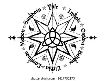 Book Of Shadows Wheel Of The Year Modern Paganism Wicca. Wiccan calendar and holidays. Compass with in the middle Triquetra symbol from charmed celtic. Vector isolated on white background 