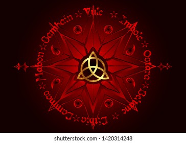 Book Of Shadows Wheel Of The Year Modern Paganism Wicca. Wiccan calendar and holidays. Red Compass with in the middle gold Triquetra symbol from charmed celtic. Vector isolated on black background