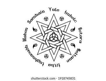 Buch der Schatten Rad des Jahres Moderner Heidentum Wicca. Wiccan Kalender und Feiertage. Kompass mit im mittleren Triquetra-Symbol aus dem charmed keltischen Stil. Vektorgrafik einzeln auf weißem Hintergrund 