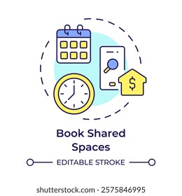 Book shared spaces multi color concept icon. Scheduling software, time management. Round shape line illustration. Abstract idea. Graphic design. Easy to use in infographic, presentation