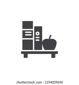 Book shelf and apple vector icon. filled flat sign for mobile concept and web design. Education, learning and knowledge solid icon. Symbol, logo illustration. Pixel perfect vector graphics