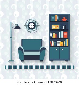 Book shelf and arm-chair. Flat style vector illustration.