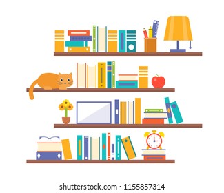 book shelf background with elements such as lamp, alarm clock and cat, flat design