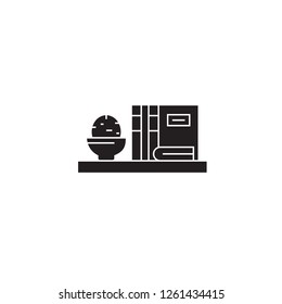 Book shelf black vector concept icon. Book shelf flat illustration, sign