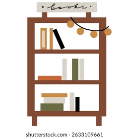 Book shelf cartoon vector illustration home interior design decoration. Library free exchange book sale on the market room living drawing.