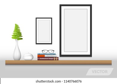 Book shelf and decorative interior., Vector design.
