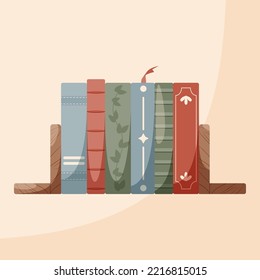 Book shelf. Different books with wooden stopper. Books stack Vector illustration in flat cartoon style.