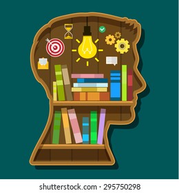 Book shelf in form of head. Flat design, vector illustration