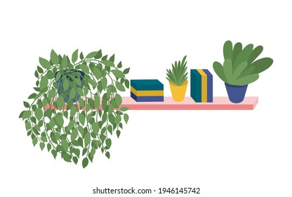 Book shelf with house plants. Cute interior shelf. Home plants in ceramic pot. Home interior furniture vector illustration.